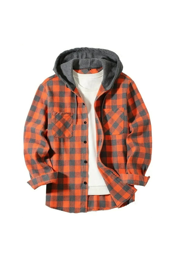 Flannel Overshirt Men Casual Hooded Button Down Hoodie Shirt Fall Retro Long Sleeve Plaid Jackets with Pocket Orange XL