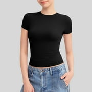 DENGDENG Casual Shirts for Women Summer Short Sleeve Crew Neck T-Shirts Going Out Double Lined Slim Fit Tees Y2k Tops Basic Workout Black L