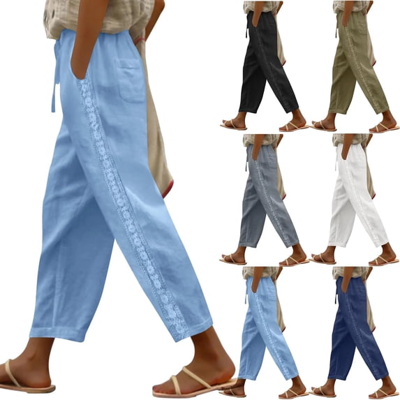 DENGDENG Casual Summer Linen Slacks for Women – High Waist Gauze Lightweight Loose Fit Trousers with Pockets, Light Blue S