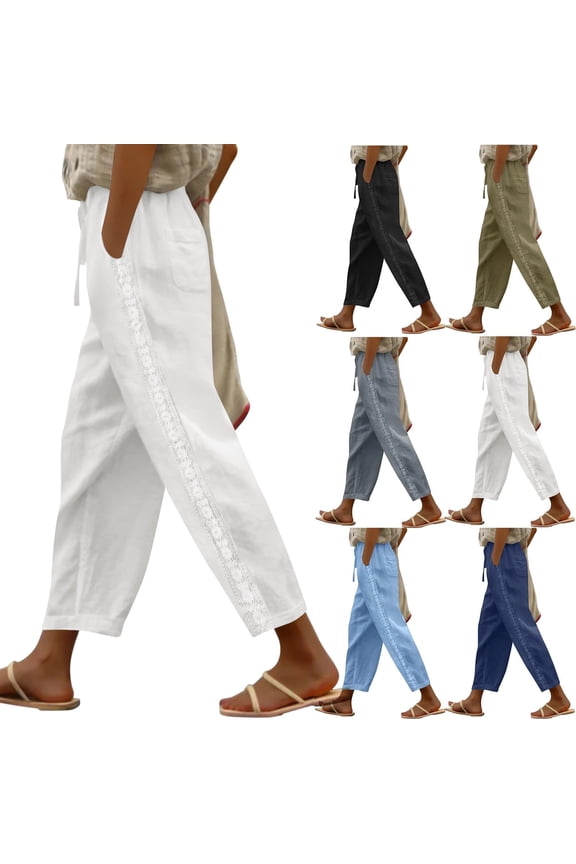 Casual Summer Linen Slacks for Women – High Waist Gauze Lightweight Loose Fit Trousers with Pockets, White M