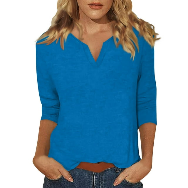 DENGDENG Casual Tops for Women 3/4 Sleeves Summer V-Neck T Shirts Spring Elbow Sleeve Shirts Dressy Three Quarter Length Tunics Loose Solid Color Blouses Blue M