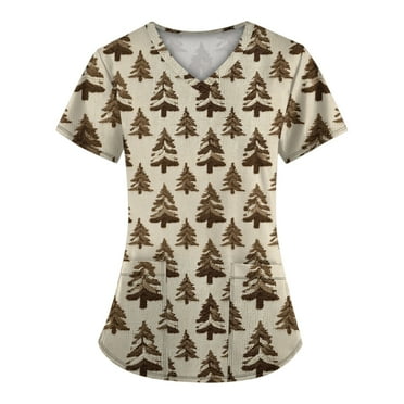 DENGDENG Christmas Nurse Scrubs for Women Christmas Tree Short Sleeve Nursing Uniform Plus Size Nurse Working V Neck Tees Trendy Merry Christmas Print Scrub Top with Pockets Khaki S