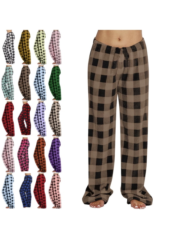 Christmas Pajamas Bottoms Flannel Fleece Fluffy Plaid Pjs Bottoms Cozy Fuzzy Lounge Pants Soft Wide Leg Baggy Plush Pajama Pants Brown M