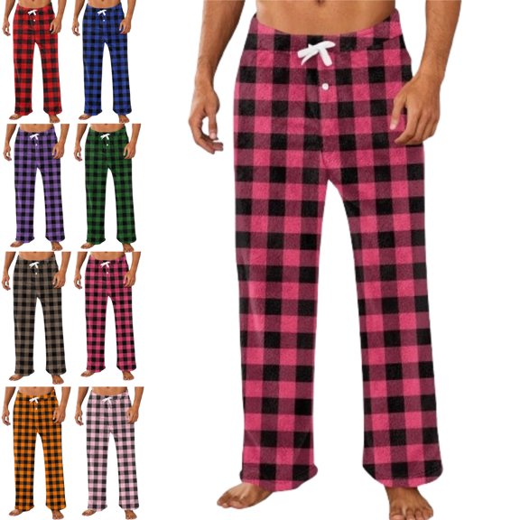 DENGDENG Christmas Pajamas Mens Flannel Microfleece Winter Plaid Pjs Bottoms Plush Sleep Fuzzy Loungewear Pants Fall Straight Leg Drawstring Cozy Cotton Pajama Pants with Pockets Hot Pink M