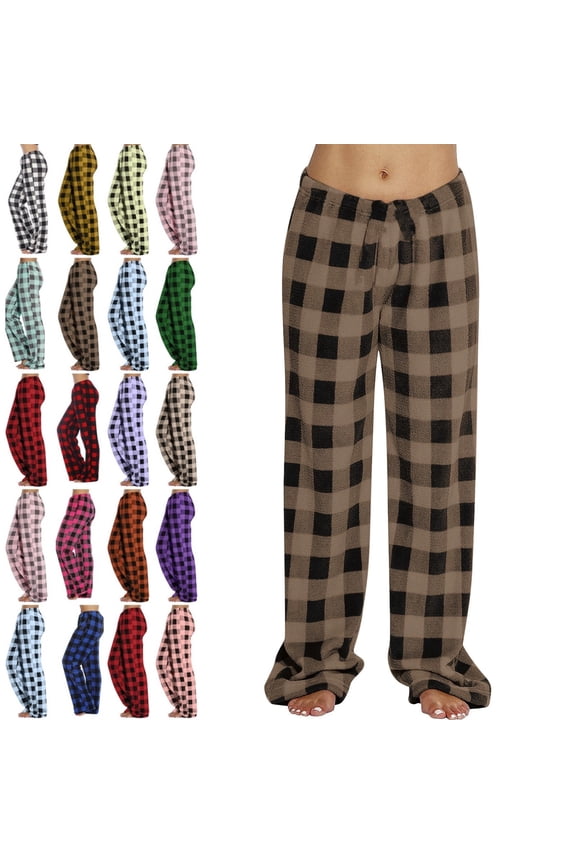Flannel Pjs Pants for Women Christmas Flannel Fuzzy Cozy Plaid Pajamas Pants Fluffy Fleece Loungewear Sleep Pants Warm High Waisted Plush Casual Pj Bottoms Brown XXL