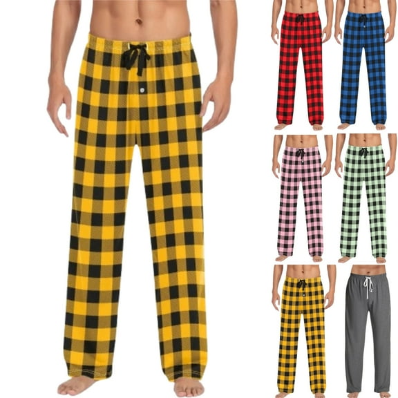 DENGDENG Christmas Pajamas Pants Plaid Cute Elastic Waist Pj Pants Microfleece Sleepwear Lounge Casual Pants Drawstring Straight Leg Warm Winter Pajamas Bottoms Gold M