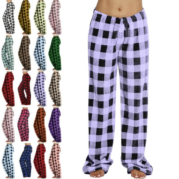 DENGDENG Christmas Pajamas for Women Plus Size Buffalo Plaid Warm Flannel Fleece Pajamas Bottoms Cozy Lounge Fuzzy Sleepwear Pants Soft High Waisted Fluffy Baggy Pj Pants Light Purple XL