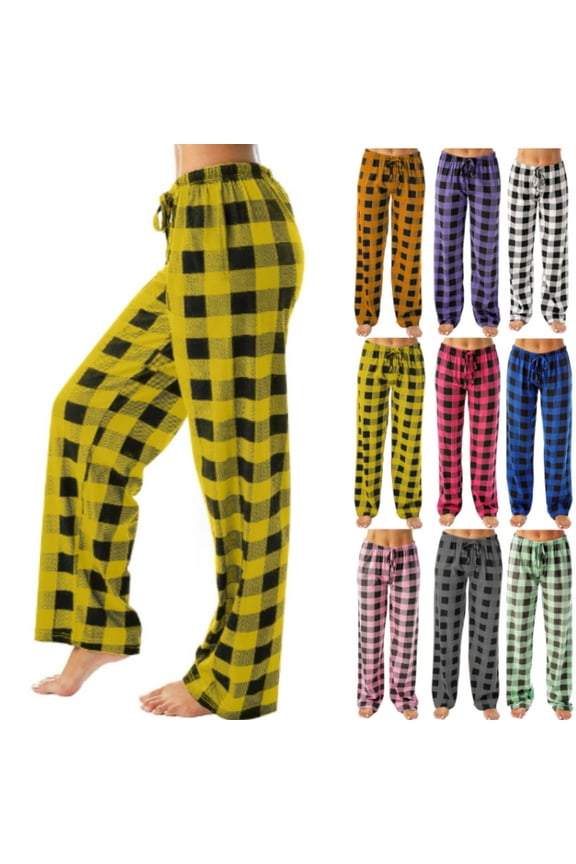 Christmas Pajamas Women Plus Size Pants Buffalo Plaid Comfy Wide Leg Pajama Pants Fall Elastic High Waisted Lounge Pj Bottoms Loose Fit Drawstring Sleepwear Pants with Pockets Yellow M
