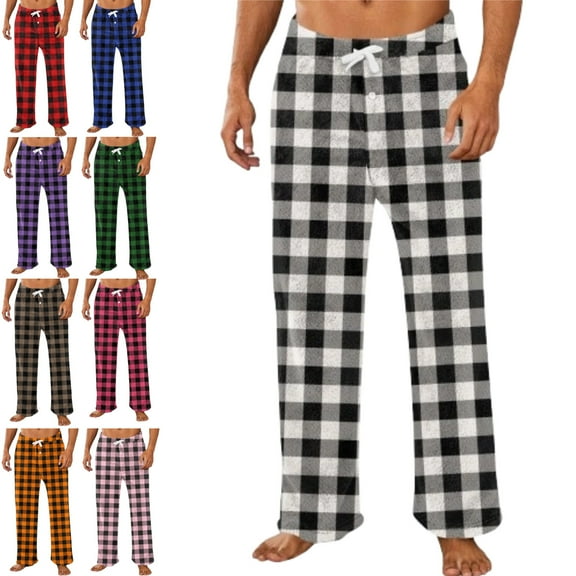 DENGDENG Christmas Pjs for Men Buffalo Plaid Warm Flannel Fleece Pajama Pants Baggy Fuzzy Sleepwear Lounge Pants Fall Straight Leg Drawstring Winter Holiday Pjs Bottoms with Pockets Gray XL
