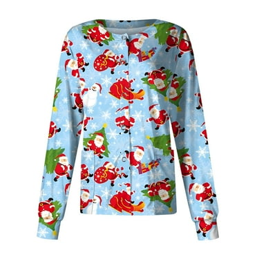 DENGDENG Christmas Scrub Jackets for Women Plus Size Clearance Christmas Tree Santa Snap Front Long Sleeve Button Nursing Uniform Oversized Christmas Print Crewneck Nurse Scrub Tops Light Blue L