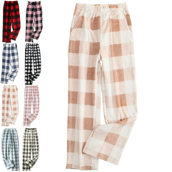 DENGDENG Christmas Women's Pajamas Pants Plaid Fall Flannel Fuzzy Pjs Pants Soft Fleece Lounge Pants Plush Elastic Waist Holiday Winter Pajamas Bottoms with Pockets Khaki 3XL
