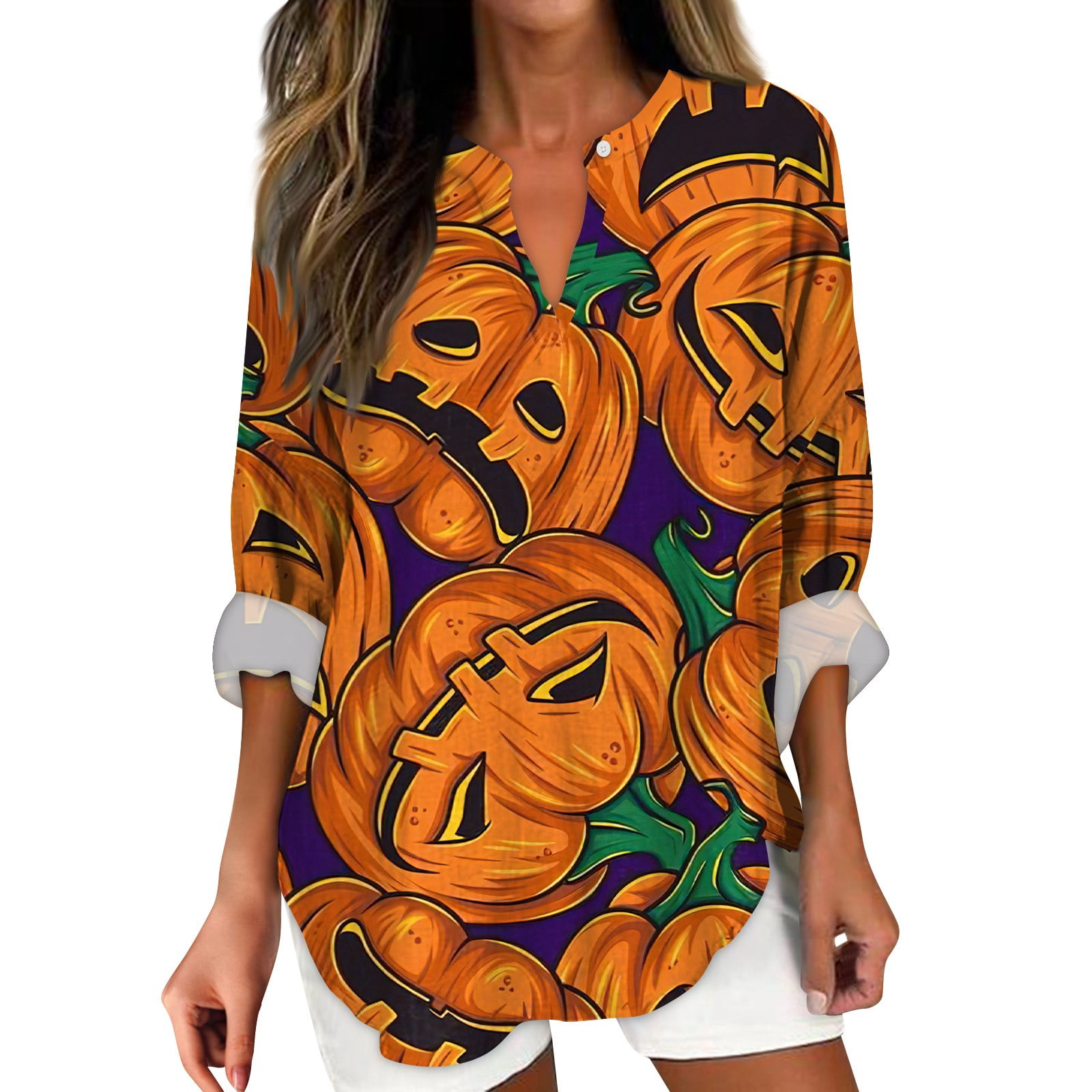 Halloween Women's T-Shirt Pumpkin Print Long Sleeve Top