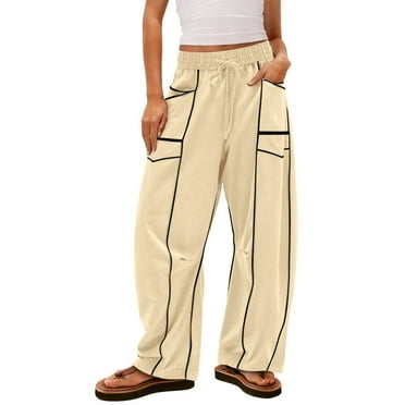 DENGDENG Comfy Barrel Sweatpants Women High Waisted Drawstring Wide Leg Palazzo Pants Fall Lounge Baggy Sweatpants Casual Color Block Trousers with Pockets Beige S