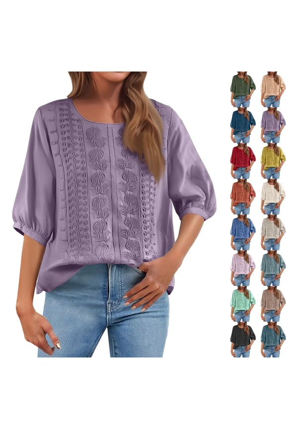 Cotton Linen Shirts for Women Trendy Retro Embroidered 3/4 Sleeve Boho Mexican Blouse Dressy Casual Bohemian Tops, #02 Light Purple XXL