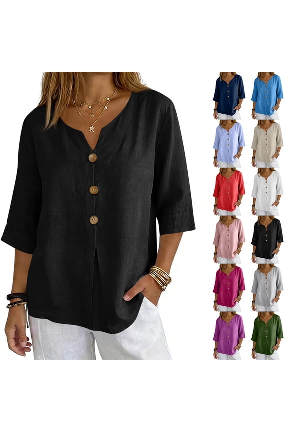 Cotton Linen Shirts for Women V Neck 3/4 Length Sleeve Loose Fit Casual Blouses Pullover Tops Basic Tees, #03 Black XXL