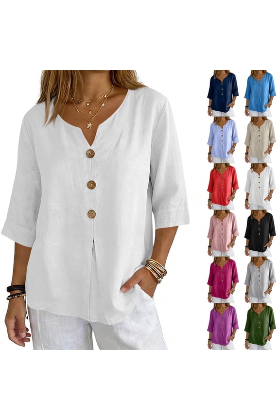 Cotton Linen Shirts for Women V Neck 3/4 Length Sleeve Loose Fit Casual Blouses Pullover Tops Basic Tees, #03 White XXL