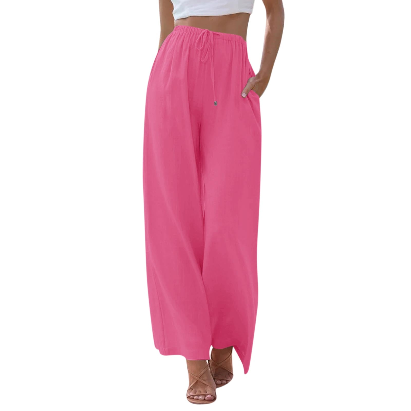 DENGDENG Cotton Linen Wide Leg Dress Pants for Women High Waist Elastic 2024 Palazzo Loose Solid