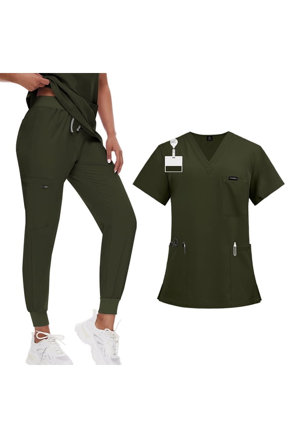 Uniform Scrubs for Women Sets 4 Way Stretch Nurse Short Sleeve V-Neck Scrub Tops and Jogger Pants Workwear Nursing Uniform Quick Drying Scrubs Set with Pockets,Dark Green S