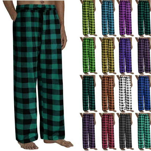DENGDENG Dark Green Plaid Pajama Pants Men Christmas Fleece Elastic Waist Pjs Bottoms Sleep Loungewear Plus Size Pants Drawstring Straight Leg Baggy Soft Pajamas Pants with Pockets Dark Green S