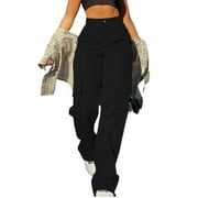 DENGDENG Drawstring Cargo Pants Women Lightweight High Waisted Work Parachute Pants Trendy Casual Wide Leg Pants Stretchy Straight Y2k Streetwear Long Trousers with Pockets Black XXL