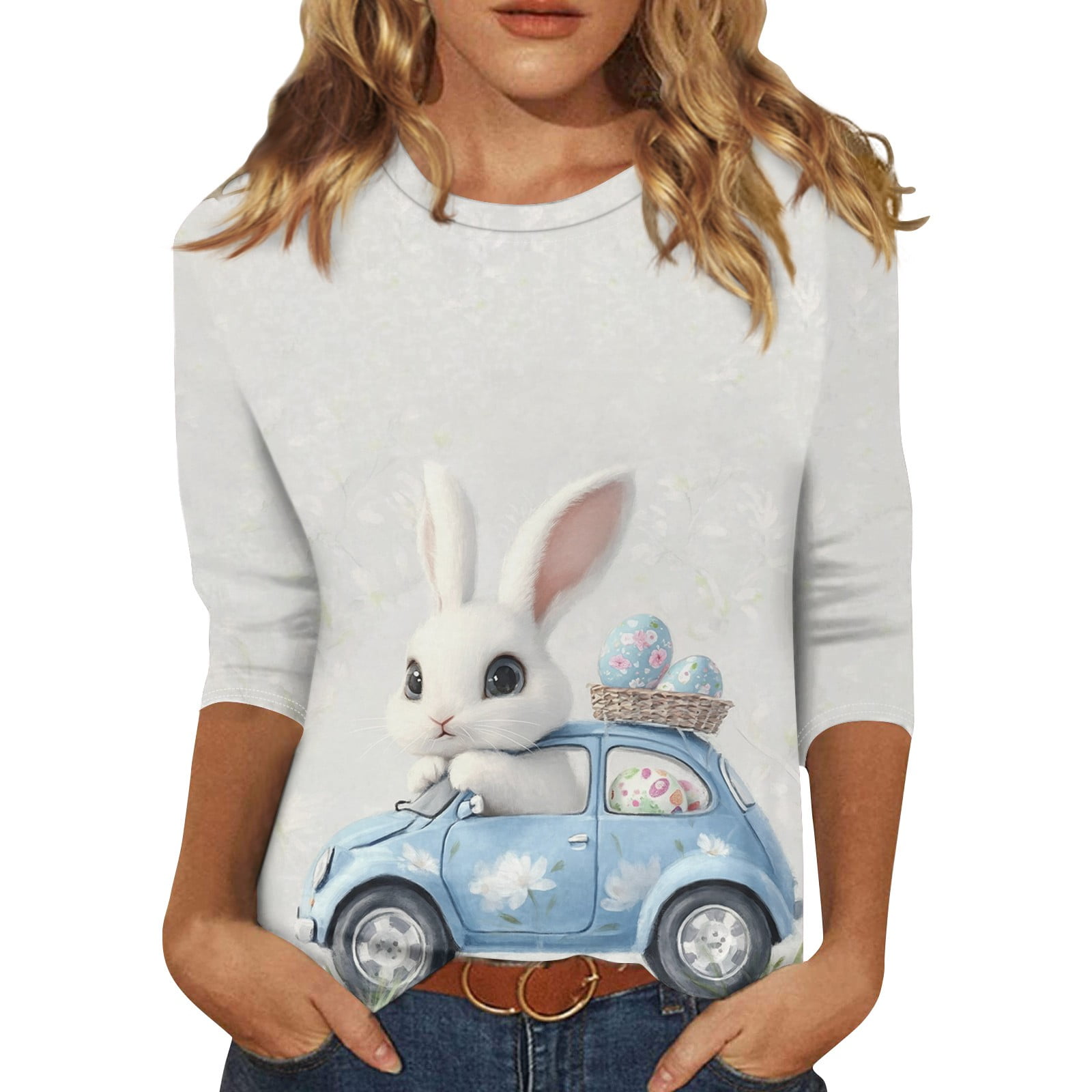 DENGDENG Easter 3/4 Length Womens Tops Plus Rabbit Easter Eggs Graphic ...