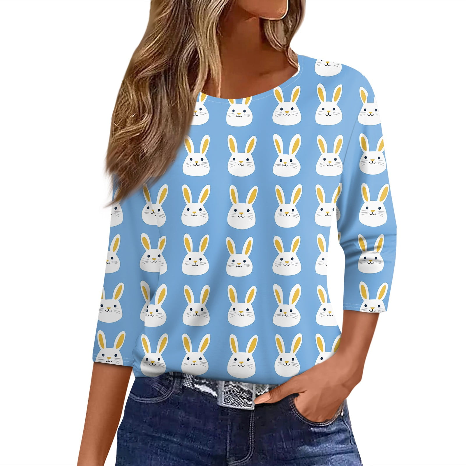DENGDENG Easter Women's 3/4 Sleeve Tops Round Neck Easter Eggs Rabbit ...