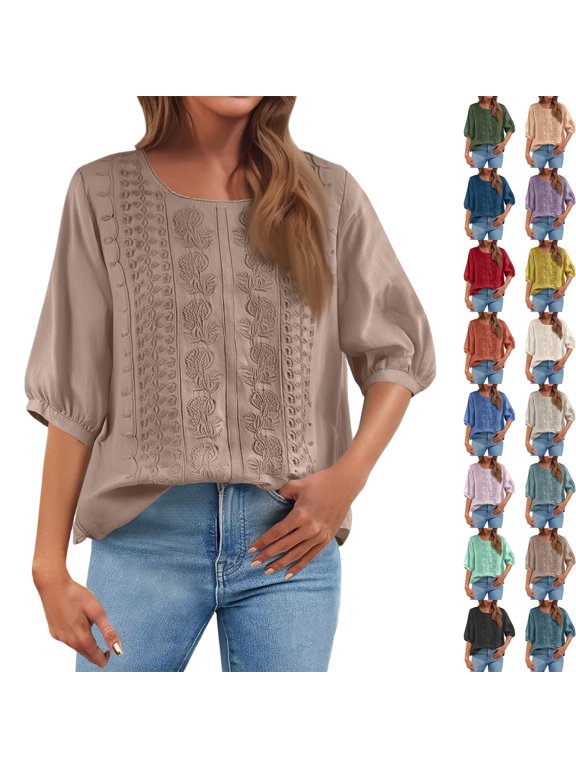 Embroidered Cotton Linen Tops for Women 3/4 Sleeve Summer Boho Peasant Gauze Blouses Dressy Casual Bohemian Shirts, #03 Brown XL