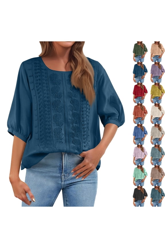 Embroidered Cotton Linen Tops for Women 3/4 Sleeve Summer Boho Peasant Gauze Blouses Dressy Casual Bohemian Shirts, #03 Navy XL