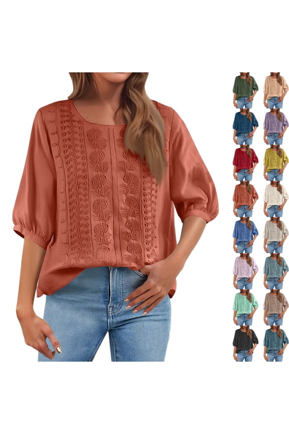 Embroidered Cotton Linen Tops for Women 3/4 Sleeve Summer Boho Peasant Gauze Blouses Dressy Casual Bohemian Shirts, #03 Orange L