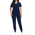 thumbnail image 1 of DENGDENG Fitted Scrubs for Women Set Workwear Nurse Uniform V Neck Short Sleeve Scrub Top Jogger Wide Leg Pants Soft and Stretchy Nursing Plus Size Scrubs Set with Pockets,Dark Blue XL, 1 of 3