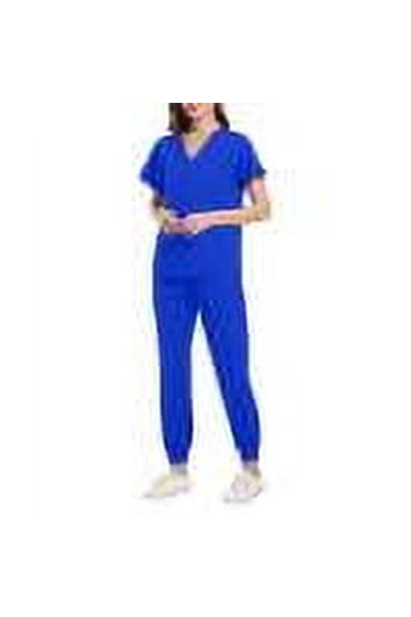 Fitted Scrubs for Women Set Stretch V-Neck Scrub Top & Jogger Pants with Pockets Soft Nurse Uniform Casual Maternity Royal Blue S