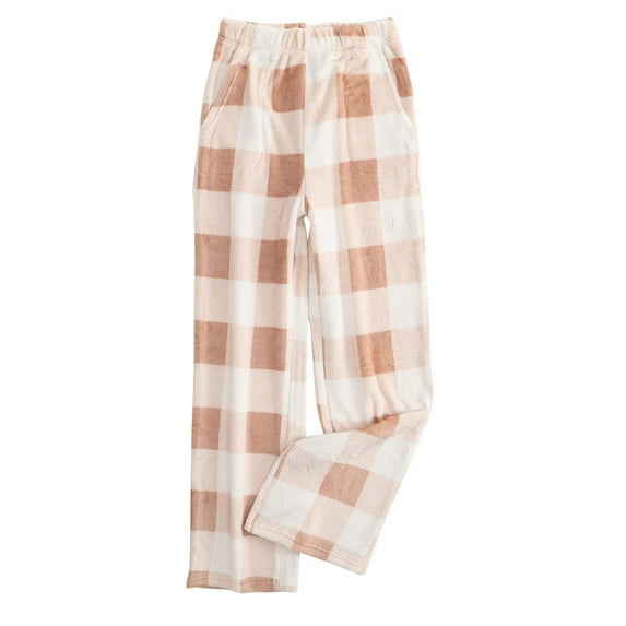 DENGDENG Flannel Pajamas Women Winter Fuzzy Pajama Pants Casual Plaid Fleece Pj Pants Warm Comfort Lounge Pants with Pockets Khaki L