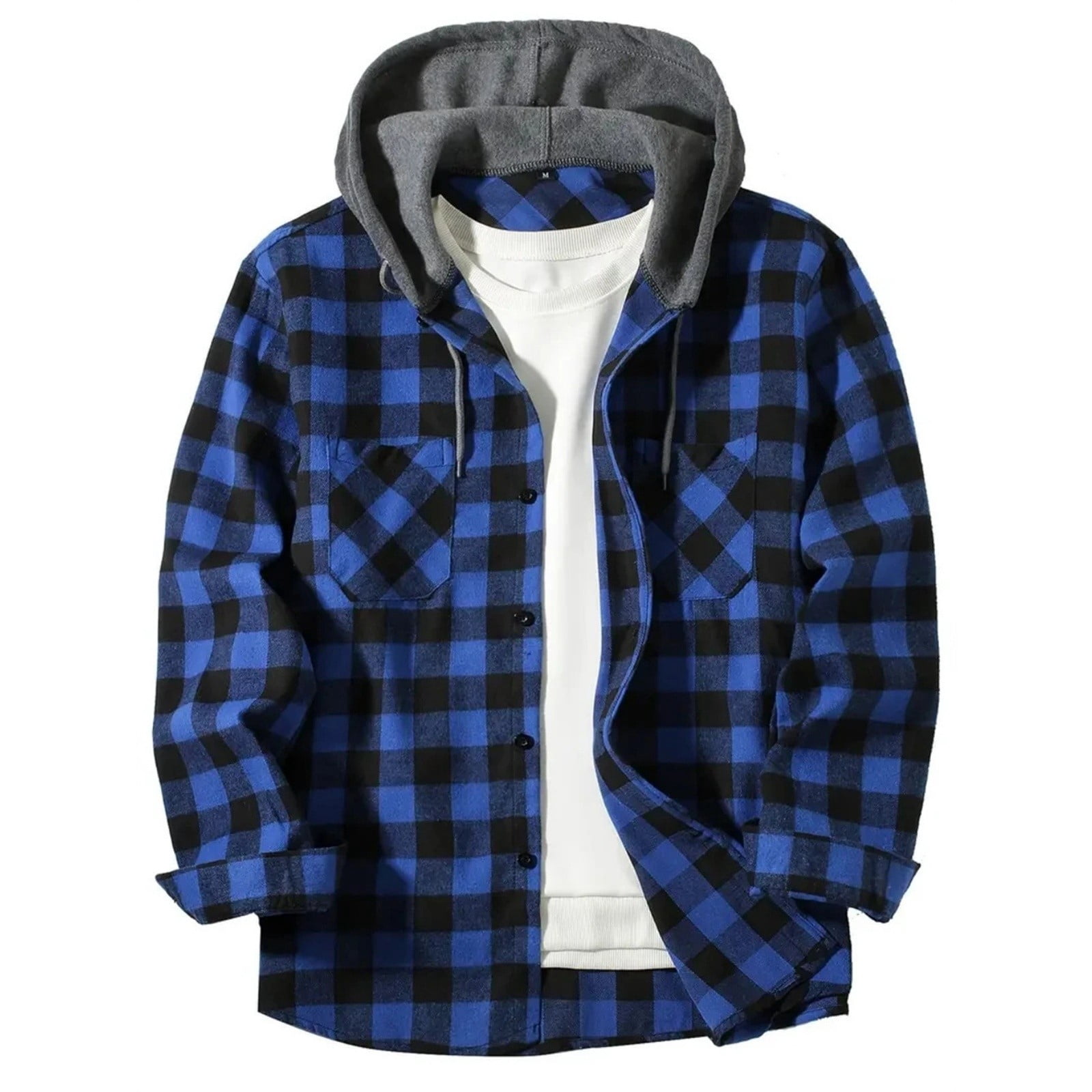 DENGDENG Flannel Shirt Men Fall Button Down Plaid Hoodie Shirt Casual ...
