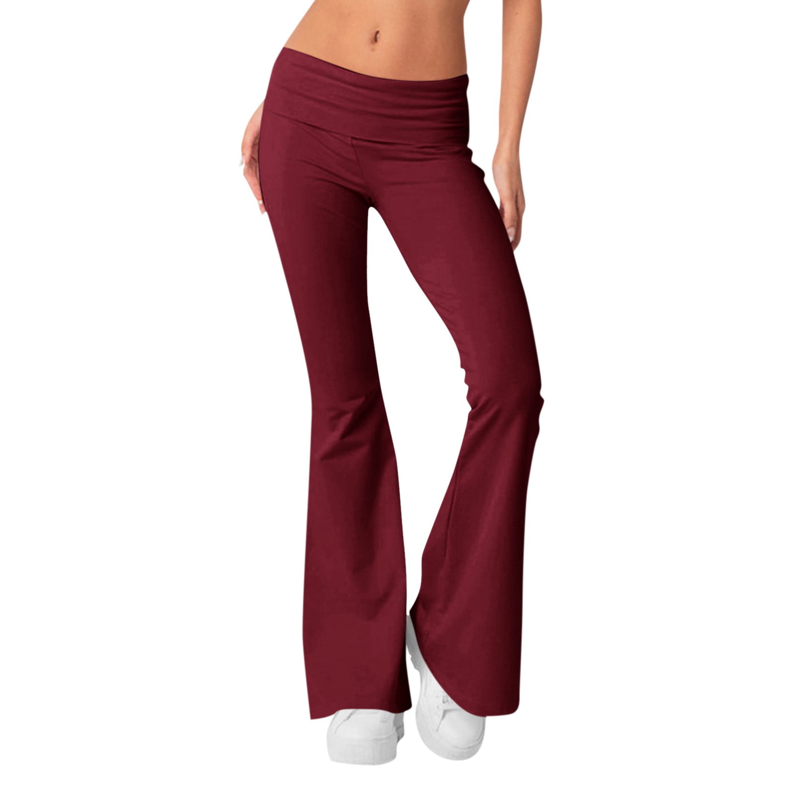 DENGDENG Flared Yoga Pants for Women Plus Size Solid Color Fold Over Petite Flare Leggings Wide Leg Lounge Bell Bottom Y2k Low Rise Pants Casual Trousers Wine L Walmart Business Supplies