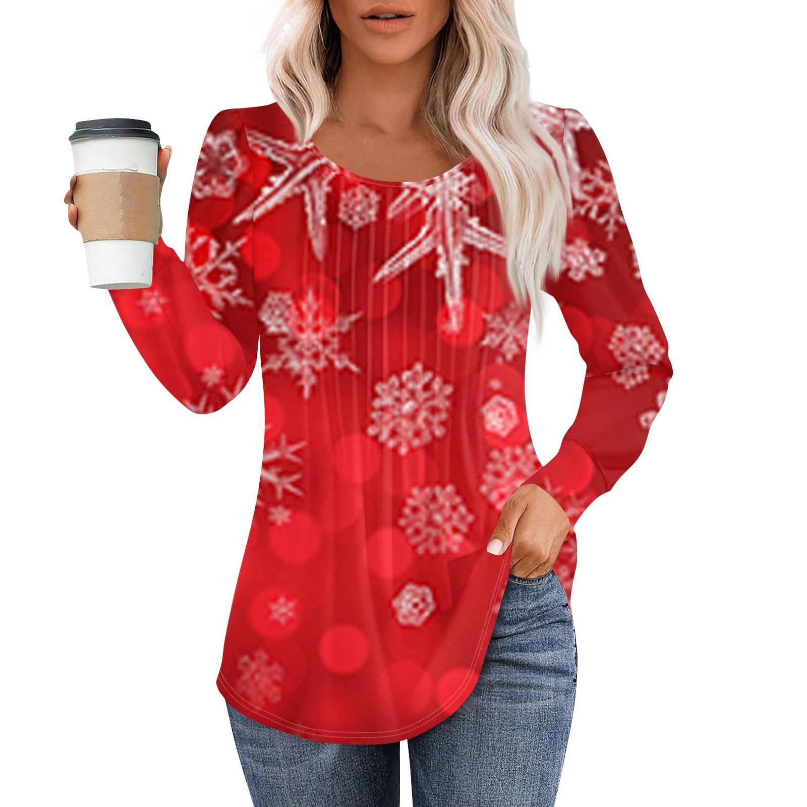 DENGDENG Funny Womens Christmas Shirts Santa Deer Snowflake Print Fall