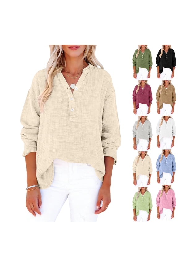 Gauze Shirts for Women, Button Neck Long Sleeve Oversized Blouses Tops, V Neck Summer Casual Shirts Loose Pullover ,XL,#01 Beige