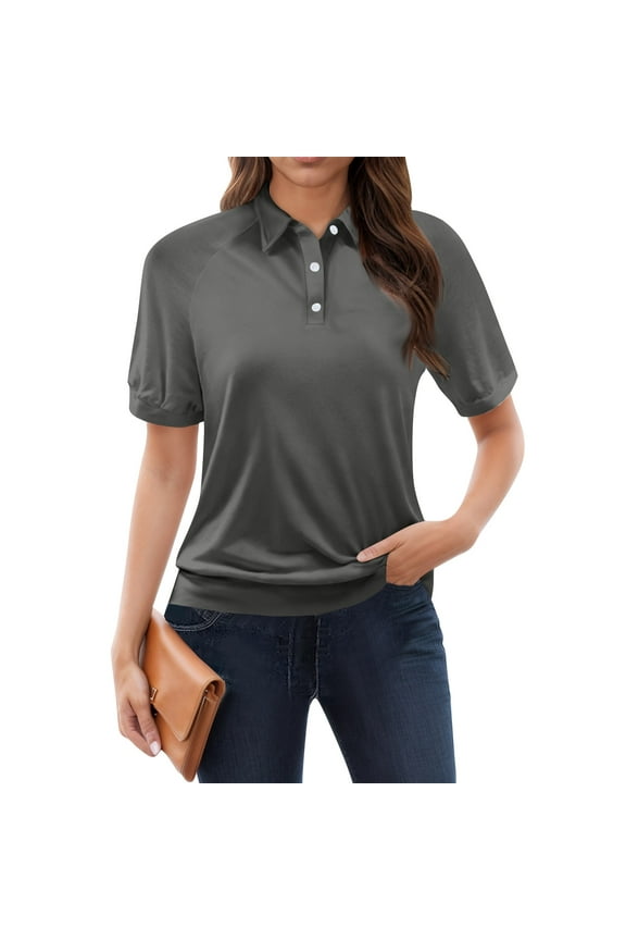 Golf Shirt Women Short Sleeve Casual Collared Polo Shirts Button Lapel Work Wicking Tunics Blouses Lightweight Summer Tops Dark Gray L