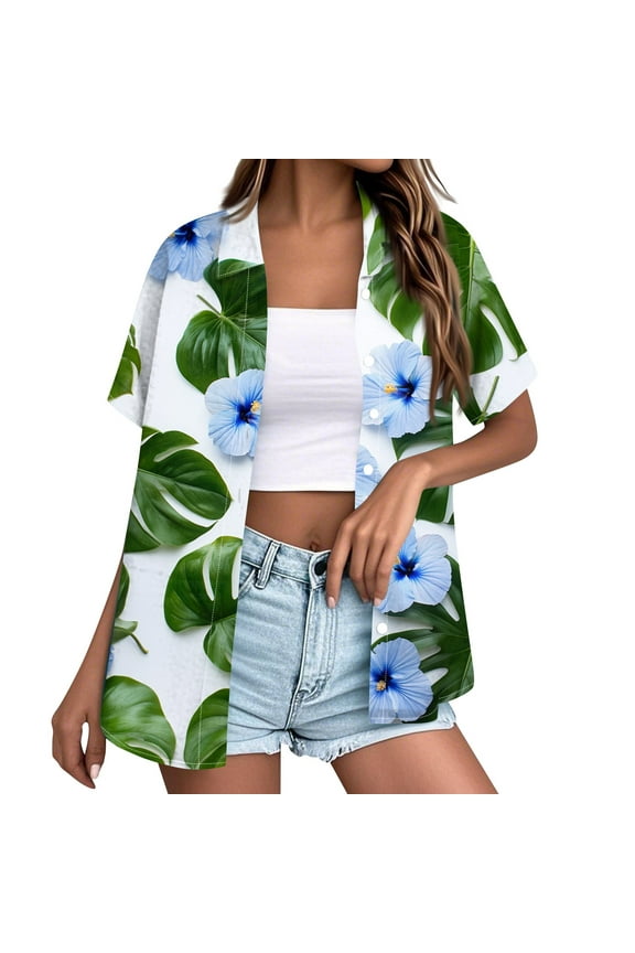 Green Womens Hawaiian Shirts V Neck Tropical Print Button Down Shirts Fashion Beach Short Sleeve Hawaii Tee Shirts Boho Tops Green M