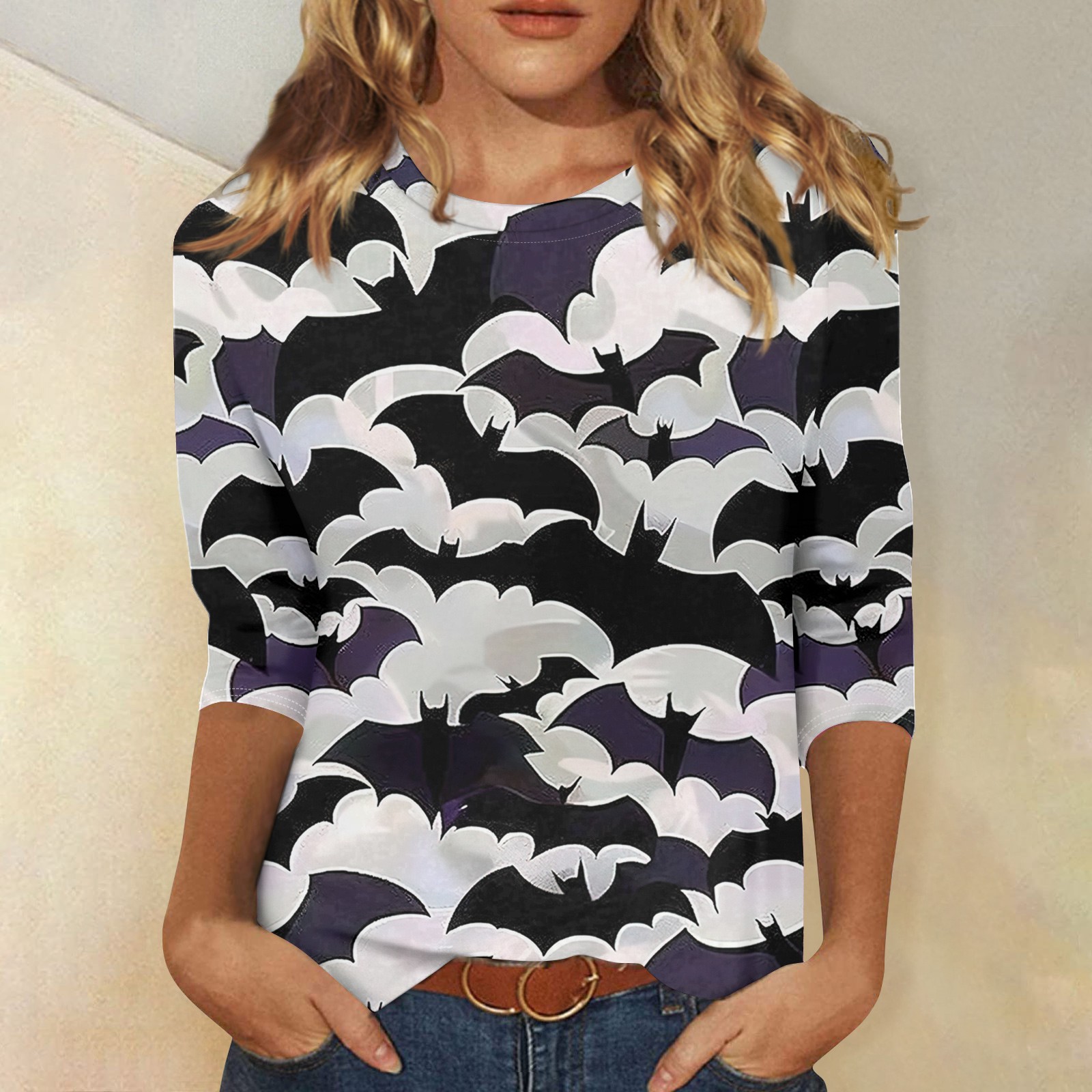 DENGDENG Halloween 3/4 Length Sleeve Tops for Women Plus Size Crew Neck