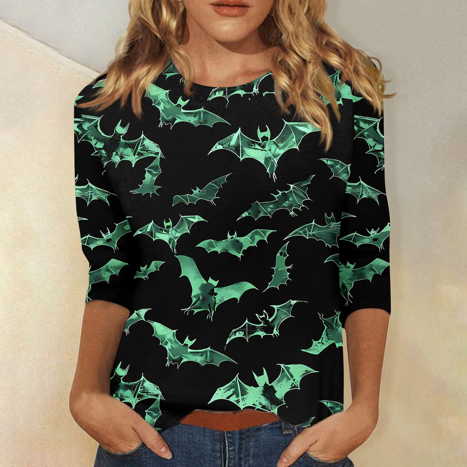 DENGDENG Halloween 3/4 Length Sleeve Women's Shirts Plus Size Casual