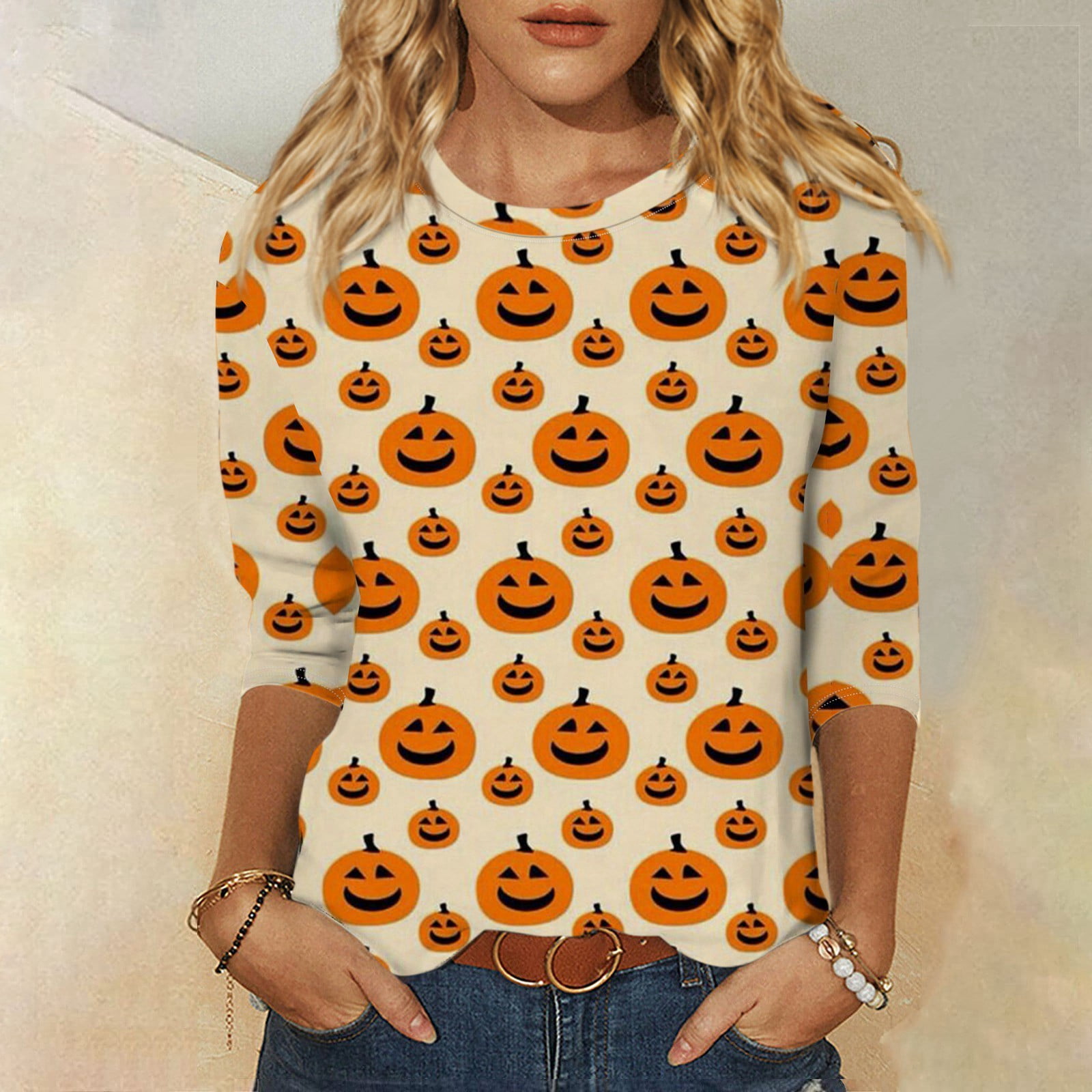 DENGDENG Halloween 3/4 Sleeve Tops Plus Size for Women Crew Neck