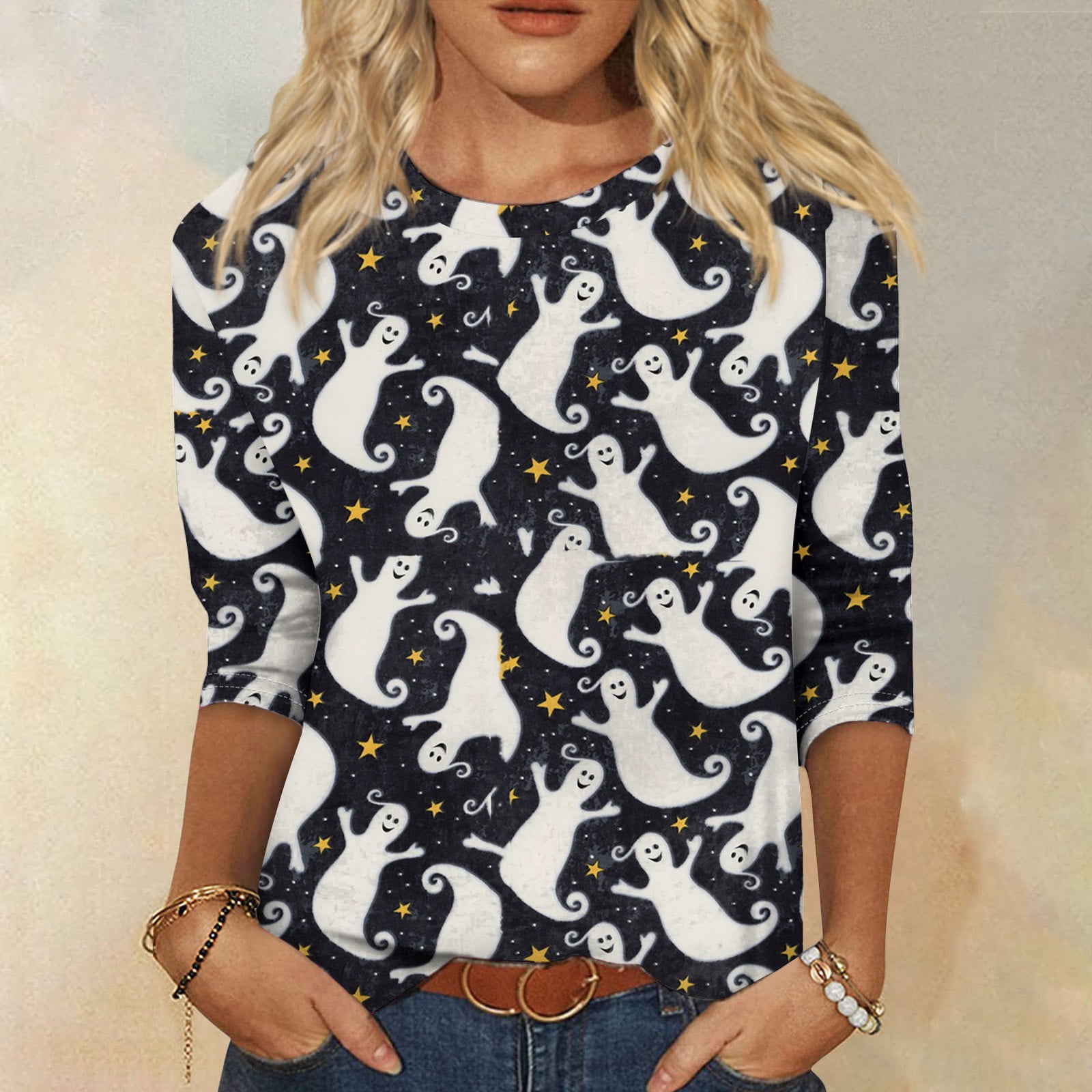 DENGDENG Halloween Ladies 3/4 Length Sleeve Tops Petite Casual Elbow