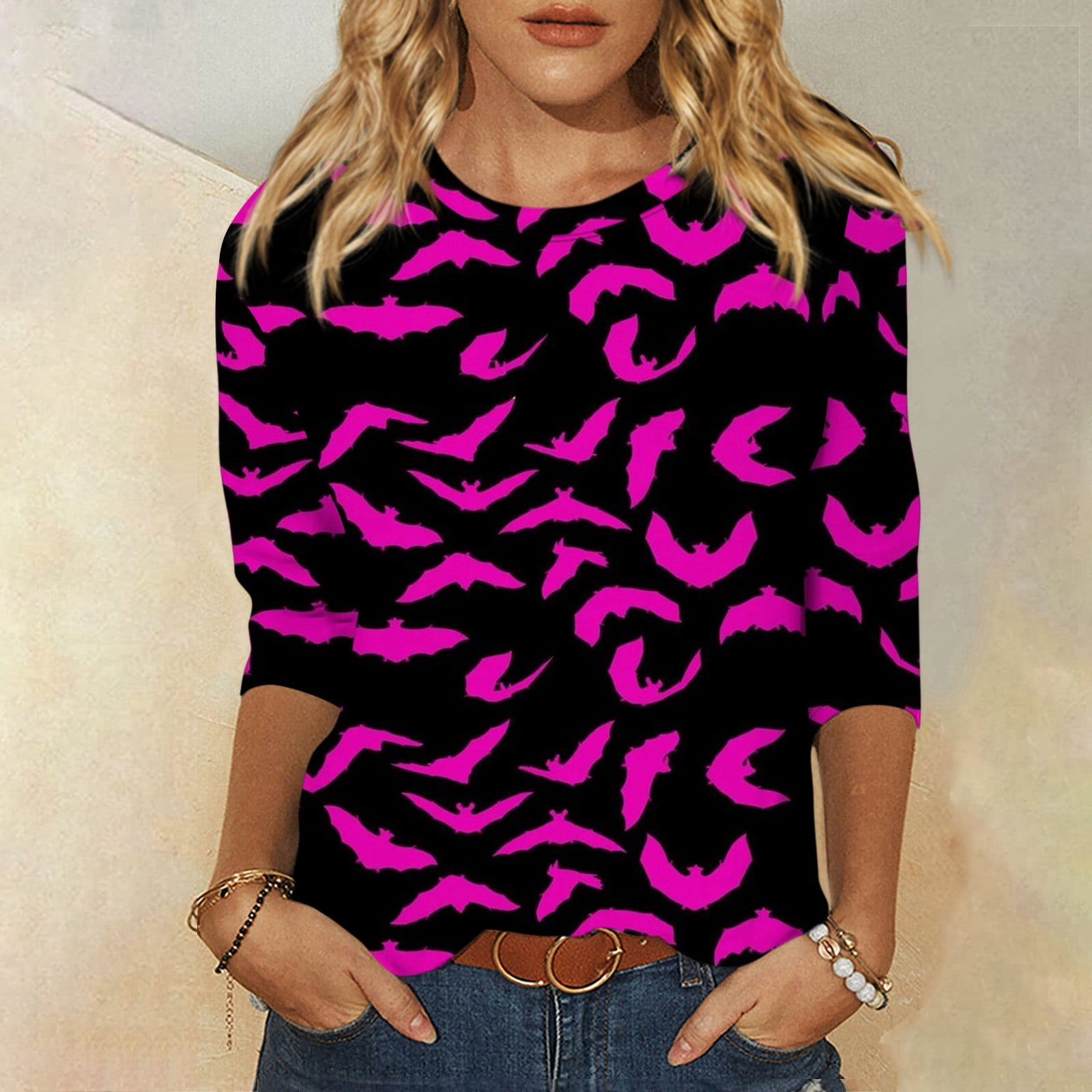 DENGDENG Halloween Ladies 3/4 Sleeve Tops Loose Fit Elbow Halloween Bat