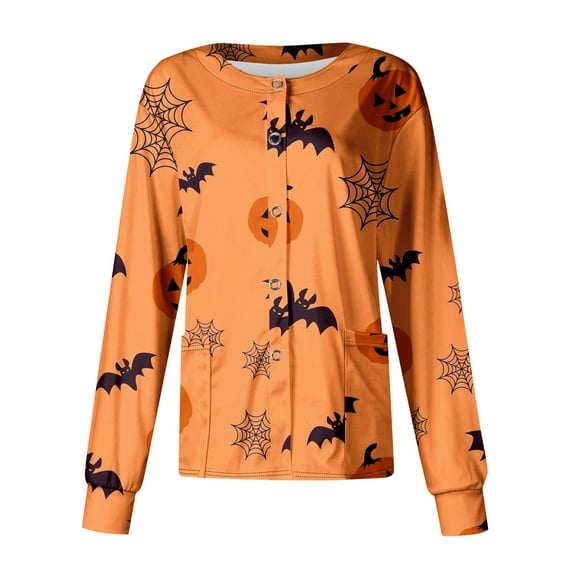 DENGDENG Halloween Scrub Jackets for Women Long Sleeve Pumpkin Bats Print Nursing Pocketed Working Uniforms Snap Front Button Down Halloween Scrub Tops Casual Fall Blouses Orange L
