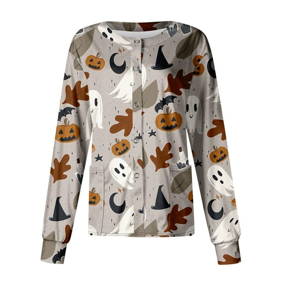 DENGDENG Halloween Scrub Jackets for Women Long Sleeve Pumpkin Bats Print Workwear Nursing Uniform with Pockets Button Down Snap Front Halloween Scrub Tops Stretch Loose Fit Blouses Gray 4XL