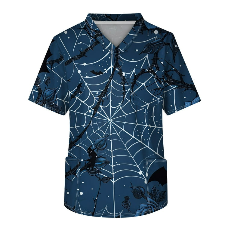 DENGDENG Halloween Scrub Tops Men Stretchy Clearance V Neck Short Sleeve Scrubs Cute Halloween Pumpkin Face Print Fall Workwear Nursing Uniform with