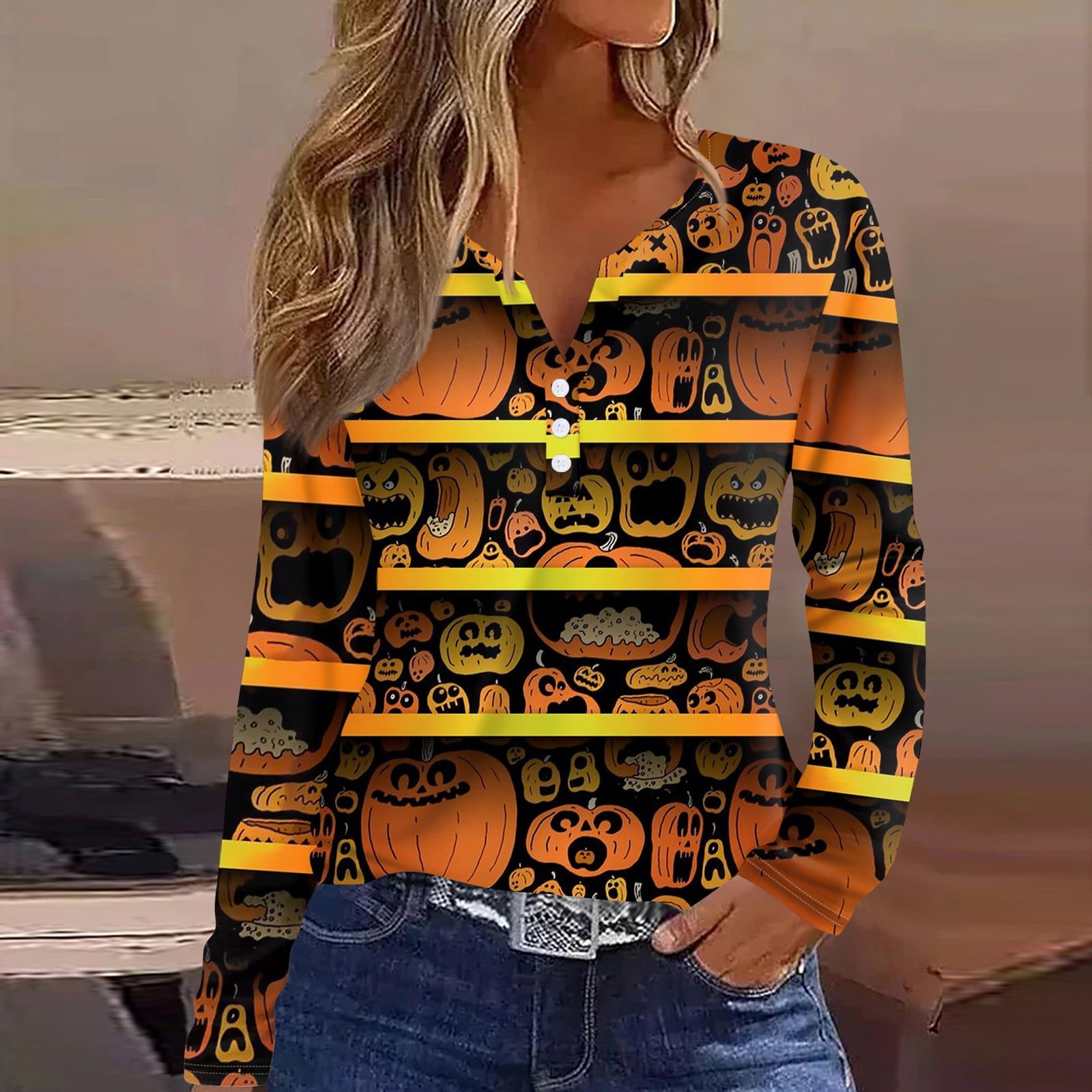DENGDENG Halloween Shirts for Women Long Sleeve V Neck Button Down Tops ...