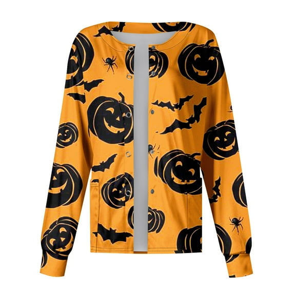 DENGDENG Halloween Women Scrub Jacket Long Sleeve Pumpkin Bats Print Nursing Tops with Pockets Snap Front Button Down Halloween Scrubs Fall Graphic Blouses Earthy Yellow L