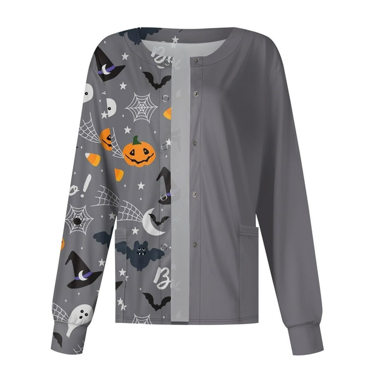 DENGDENG Halloween Women Scrub Jacket Snap Front Pumpkin Bats