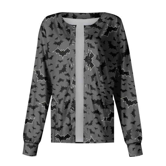 DENGDENG Halloween Women Scrub Jacket Snap Front Pumpkin Bats Print Workwear Nursing Uniform with Pockets Button Down Long Sleeve Halloween Scrubs Graphic Fall Jackets 2024 Gray L
